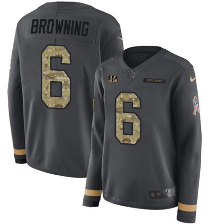 cheap Bengals #6 Jake Browning Anthracite Salute to Service Women's Stitched NFL Limited Therma Long Sleeve Jersey