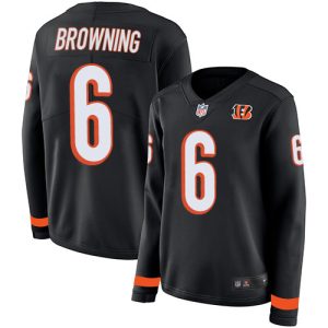 Bengals #6 Jake Browning Black Team Color Women's Stitched NFL Limited Therma Long Sleeve Jersey
