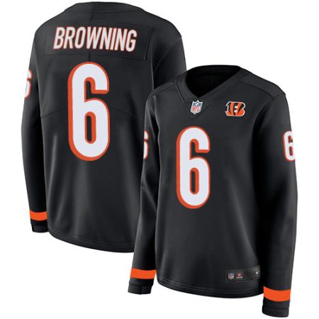 Bengals #6 Jake Browning Black Team Color Women's Stitched NFL Limited Therma Long Sleeve Jersey