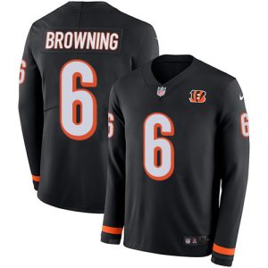 cheap Bengals #6 Jake Browning Black Team Color Youth Stitched NFL Limited Therma Long Sleeve Jersey