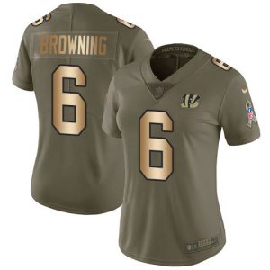 Bengals #6 Jake Browning Olive/Gold Women's Stitched NFL Limited 2024 Salute To Service Jersey