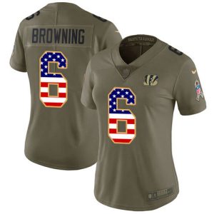 bengals #6 jake browning olive/usa flag women's stitched nfl limited 2024 salute to service wholesale jersey