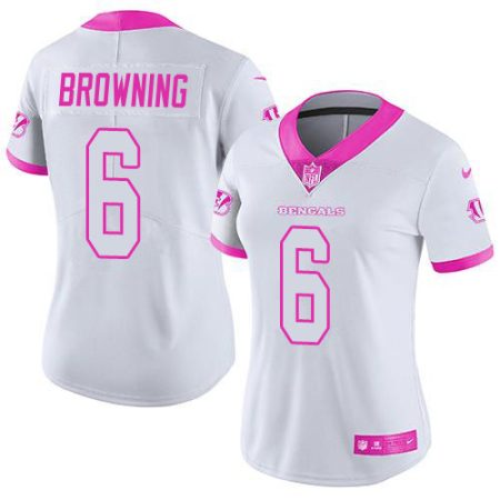 Bengals #6 Jake Browning White/Pink Women's Stitched NFL Limited Rush Fashion Jersey
