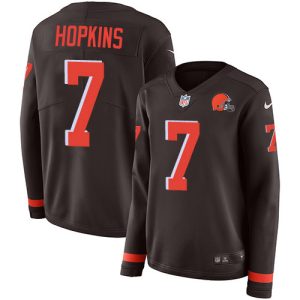Browns #7 Dustin Hopkins Brown Team Color Women's Stitched NFL Limited Therma Long Sleeve Jersey