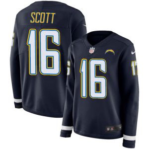 chargers #16 j.k. scott navy blue team color women's stitched nfl limited therma long sleeve wholesale jersey