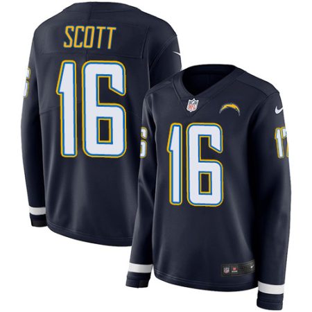 chargers #16 j.k. scott navy blue team color women's stitched nfl limited therma long sleeve wholesale jersey