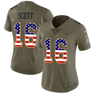 Chargers #16 J.K. Scott Olive/USA Flag Women's Stitched NFL Limited 2024 Salute to Service Jersey