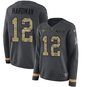 Chiefs #12 Mecole Hardman Anthracite Salute to Service Women's Stitched NFL Limited Therma Long Sleeve Jersey
