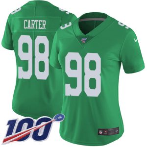 wholesale Eagles #98 Jalen Carter Green Women's Stitched NFL Limited Rush 100th Season Jersey