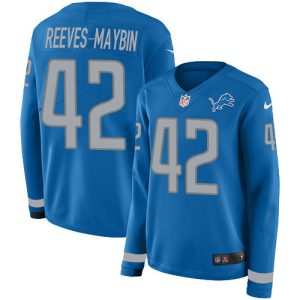 lions #42 jalen reeves-maybin blue team color women's stitched nfl limited therma long sleeve wholesale jersey