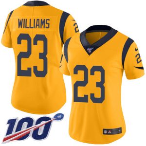 cheap Rams #23 Kyren Williams Gold Women's Stitched NFL Limited Rush 100th Season Jersey