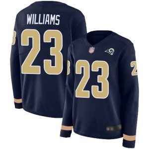 wholesale Rams #23 Kyren Williams Navy Blue Team Color Women's Stitched NFL Limited Therma Long Sleeve Jersey