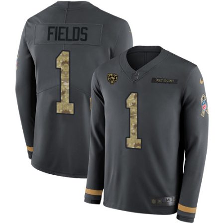 Bears #1 Justin Fields Anthracite Salute to Service Youth Stitched NFL Limited Therma Long Sleeve Jersey