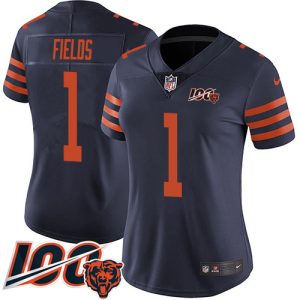Bears #1 Justin Fields Navy Blue Alternate Women's Stitched NFL 100th Season Vapor Limited Jersey