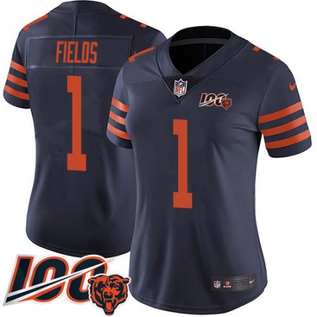 Bears #1 Justin Fields Navy Blue Alternate Women's Stitched NFL 100th Season Vapor Limited Jersey