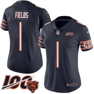 bears #1 justin fields navy blue team color women's stitched nfl 100th season vapor limited wholesale jersey
