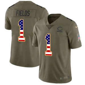 wholesale Bears #1 Justin Fields Olive/USA Flag Youth Stitched NFL Limited 2017 Salute To Service Jersey