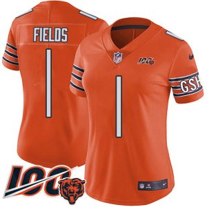 wholesale Bears #1 Justin Fields Orange Women's Stitched NFL Limited Rush 100th Season Jersey