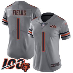Bears #1 Justin Fields Silver Women's Stitched NFL Limited Inverted Legend 100th Season Jersey