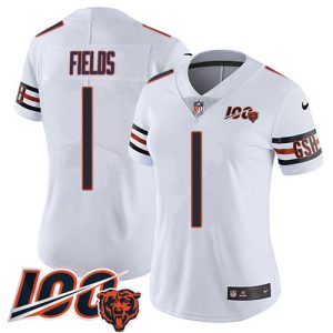 wholesale Bears #1 Justin Fields White Alternate Women's Stitched NFL Vapor Untouchable Limited 100th Season Jersey
