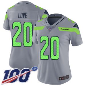 Seahawks #20 Julian Love Gray Women's Stitched NFL Limited Inverted Legend 100th Season Jersey