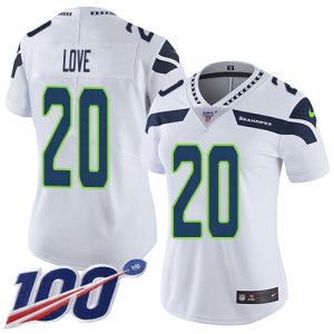 wholesale Seahawks #20 Julian Love White Women's Stitched NFL 100th Season Vapor Limited Jersey