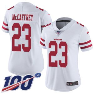 49ers #23 Christian McCaffrey White Women's Stitched NFL 100th Season Vapor Limited Jersey