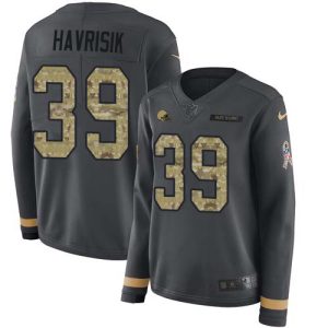 Browns #39 Lucas Havrisik Anthracite Salute to Service Women's Stitched NFL Limited Therma Long Sleeve Jersey