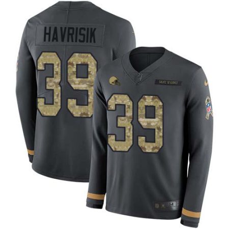 Browns #39 Lucas Havrisik Anthracite Salute to Service Youth Stitched NFL Limited Therma Long Sleeve Jersey