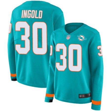 wholesale Dolphins #30 Alec Ingold Aqua Green Team Color Women's Stitched NFL Limited Therma Long Sleeve Jersey
