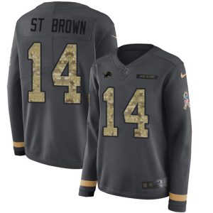 lions #14 amon-ra st. brown anthracite salute to service women's stitched nfl limited therma long sleeve cheap jersey
