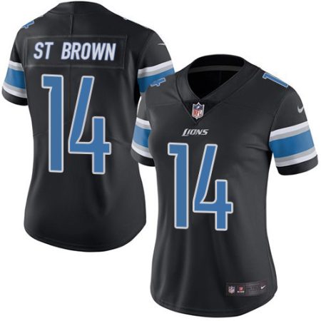 Lions #14 Amon-Ra St. Brown Black Women's Stitched NFL Limited Rush Jersey