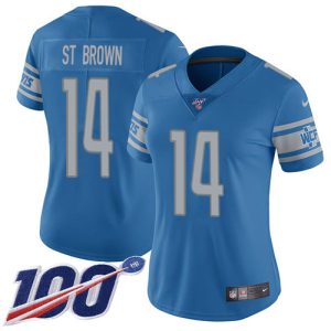 Lions #14 Amon-Ra St. Brown Blue Team Color Women's Stitched NFL 100th Season Vapor Untouchable Limited Jersey