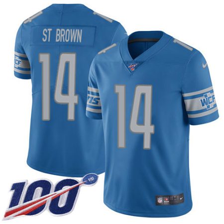 Lions #14 Amon-Ra St. Brown Blue Team Color Youth Stitched NFL 100th Season Vapor Untouchable Limited Jersey