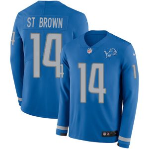 Lions #14 Amon-Ra St. Brown Blue Team Color Youth Stitched NFL Limited Therma Long Sleeve Jersey
