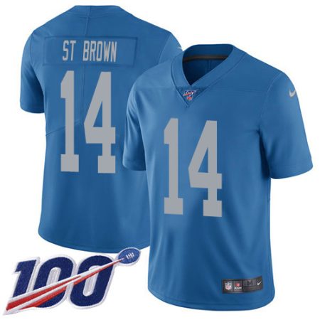 Lions #14 Amon-Ra St. Brown Blue Throwback Youth Stitched NFL 100th Season Vapor Untouchable Limited Jersey