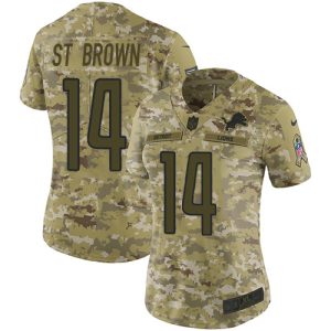 wholesale Lions #14 Amon-Ra St. Brown Camo Women's Stitched NFL Limited 2018 Salute To Service Jersey