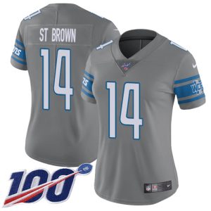 wholesale Lions #14 Amon-Ra St. Brown Gray Women's Stitched NFL Limited Rush 100th Season Jersey
