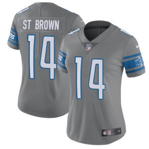 lions #14 amon-ra st. brown gray women's stitched nfl limited rush cheap jersey