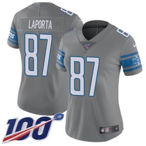 wholesale Lions #87 Sam LaPorta Gray Women's Stitched NFL Limited Rush 100th Season Jersey