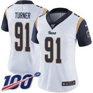 cheap Rams #91 Kobie Turner White Women's Stitched NFL 100th Season Vapor Untouchable Limited Jersey