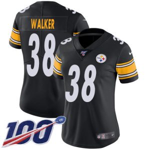 cheap Steelers #38 Mykal Walker Black Team Color Women's Stitched NFL 100th Season Vapor Limited Jersey