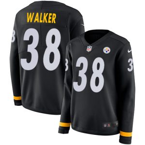 Steelers #38 Mykal Walker Black Team Color Women's Stitched NFL Limited Therma Long Sleeve Jersey
