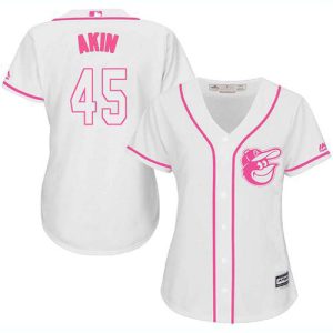 Orioles #45 Keegan Akin White/Pink Fashion Women's Stitched MLB Jersey