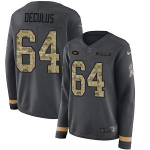 Jets #64 Austin Deculus Anthracite Salute to Service Women's Stitched NFL Limited Therma Long Sleeve Jersey