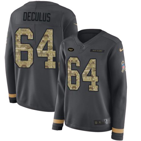 Jets #64 Austin Deculus Anthracite Salute to Service Women's Stitched NFL Limited Therma Long Sleeve Jersey