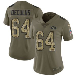 Jets #64 Austin Deculus Olive/Camo Women's Stitched NFL Limited 2017 Salute to Service Jersey