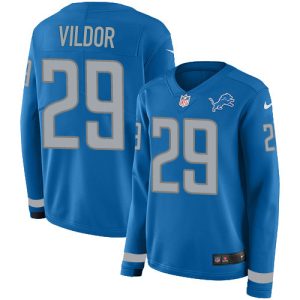 Lions #29 Kindle Vildor Blue Team Color Women's Stitched NFL Limited Therma Long Sleeve Jersey