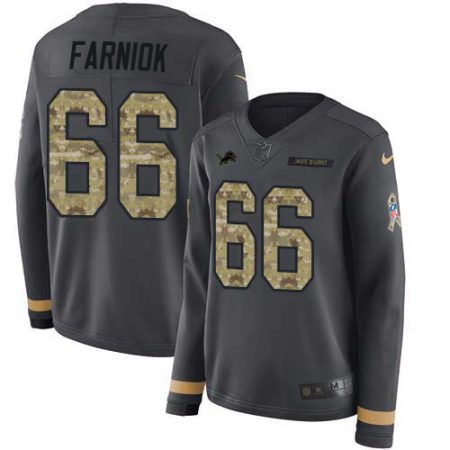 Lions #66 Matt Farniok Anthracite Salute to Service Women's Stitched NFL Limited Therma Long Sleeve Jersey