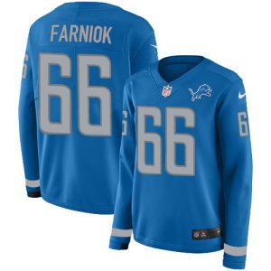 cheap Lions #66 Matt Farniok Blue Team Color Women's Stitched NFL Limited Therma Long Sleeve Jersey